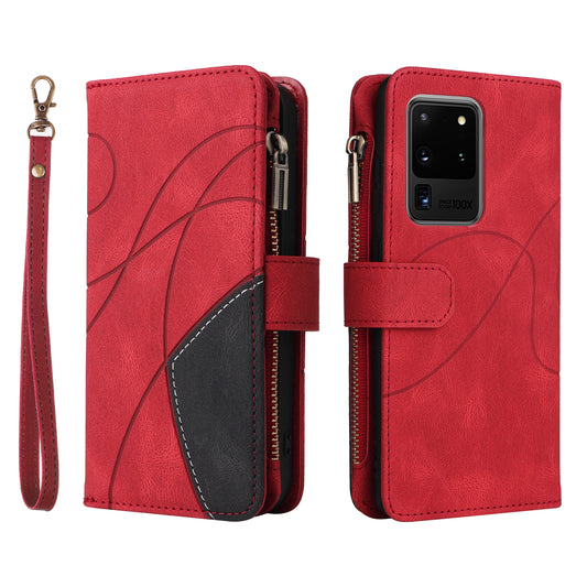 KT Multi-function Series-5 for Samsung Galaxy S20 Ultra 5G Bi-color Splicing Leather Wallet Phone Cover Multiple Card Slots Zipper Pocket Protective Case - Red