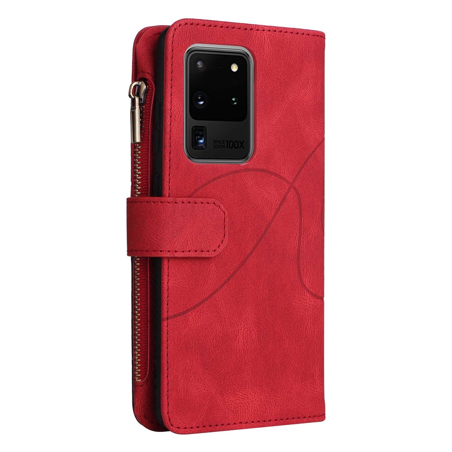 KT Multi-function Series-5 for Samsung Galaxy S20 Ultra 5G Bi-color Splicing Leather Wallet Phone Cover Multiple Card Slots Zipper Pocket Protective Case - Red
