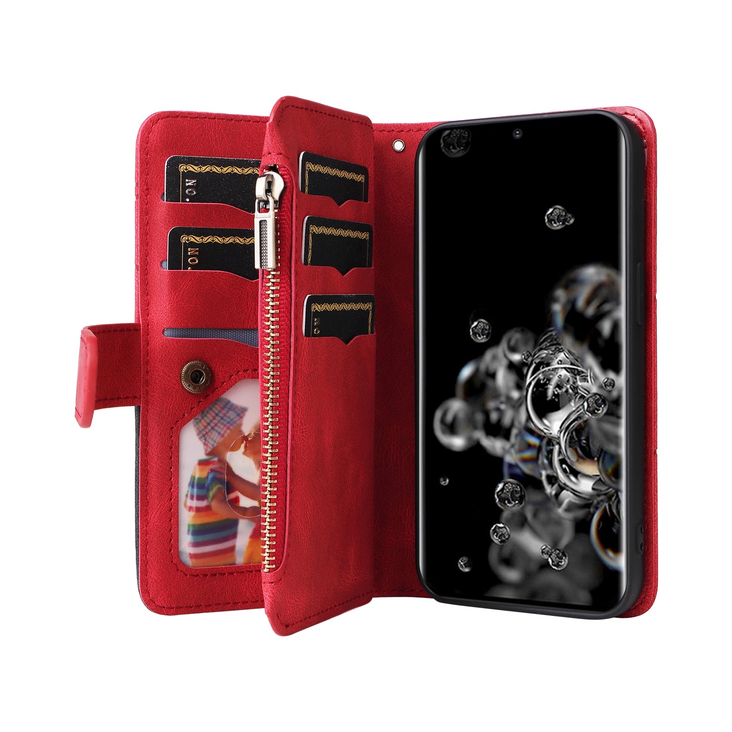 KT Multi-function Series-5 for Samsung Galaxy S20 Ultra 5G Bi-color Splicing Leather Wallet Phone Cover Multiple Card Slots Zipper Pocket Protective Case - Red