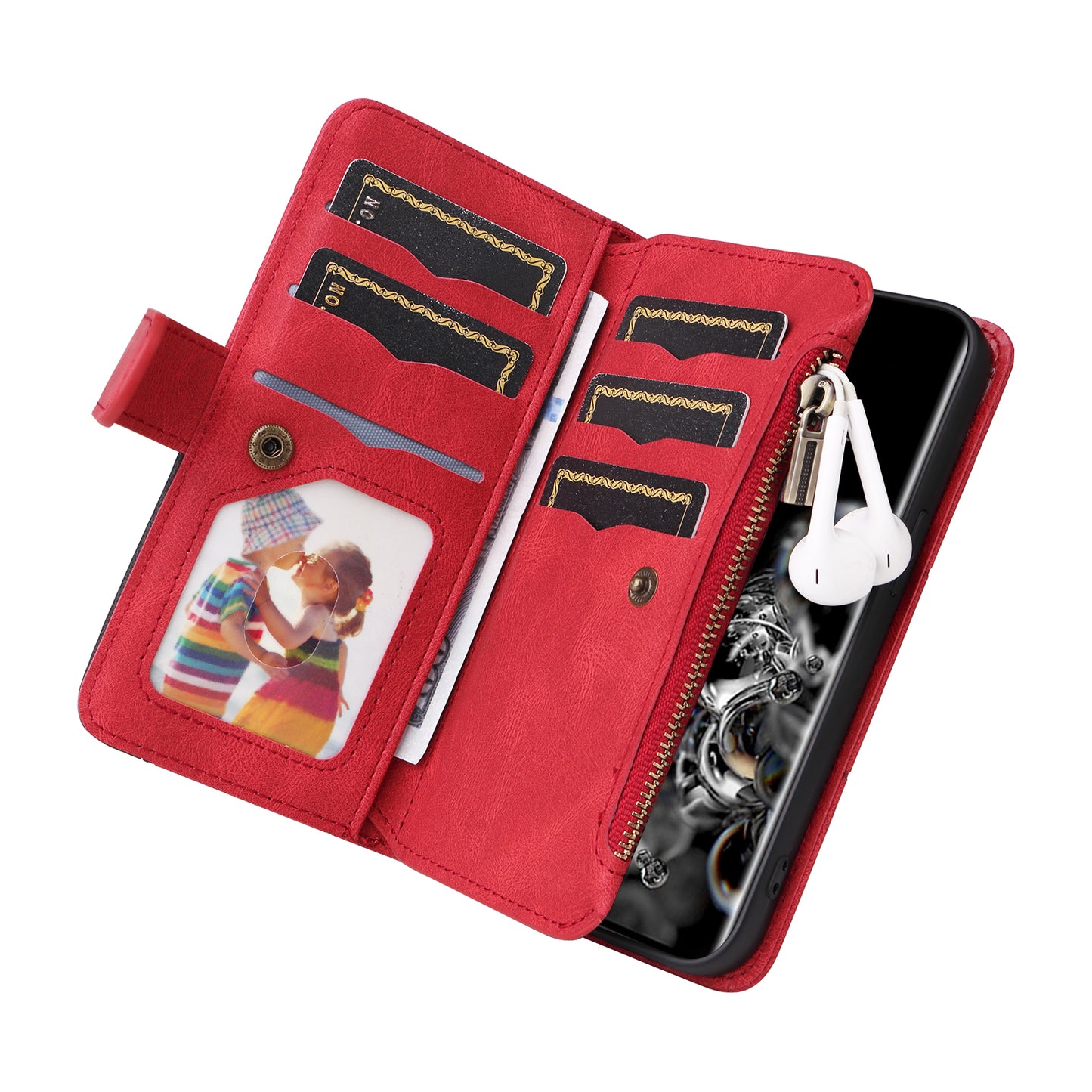 KT Multi-function Series-5 for Samsung Galaxy S20 Ultra 5G Bi-color Splicing Leather Wallet Phone Cover Multiple Card Slots Zipper Pocket Protective Case - Red