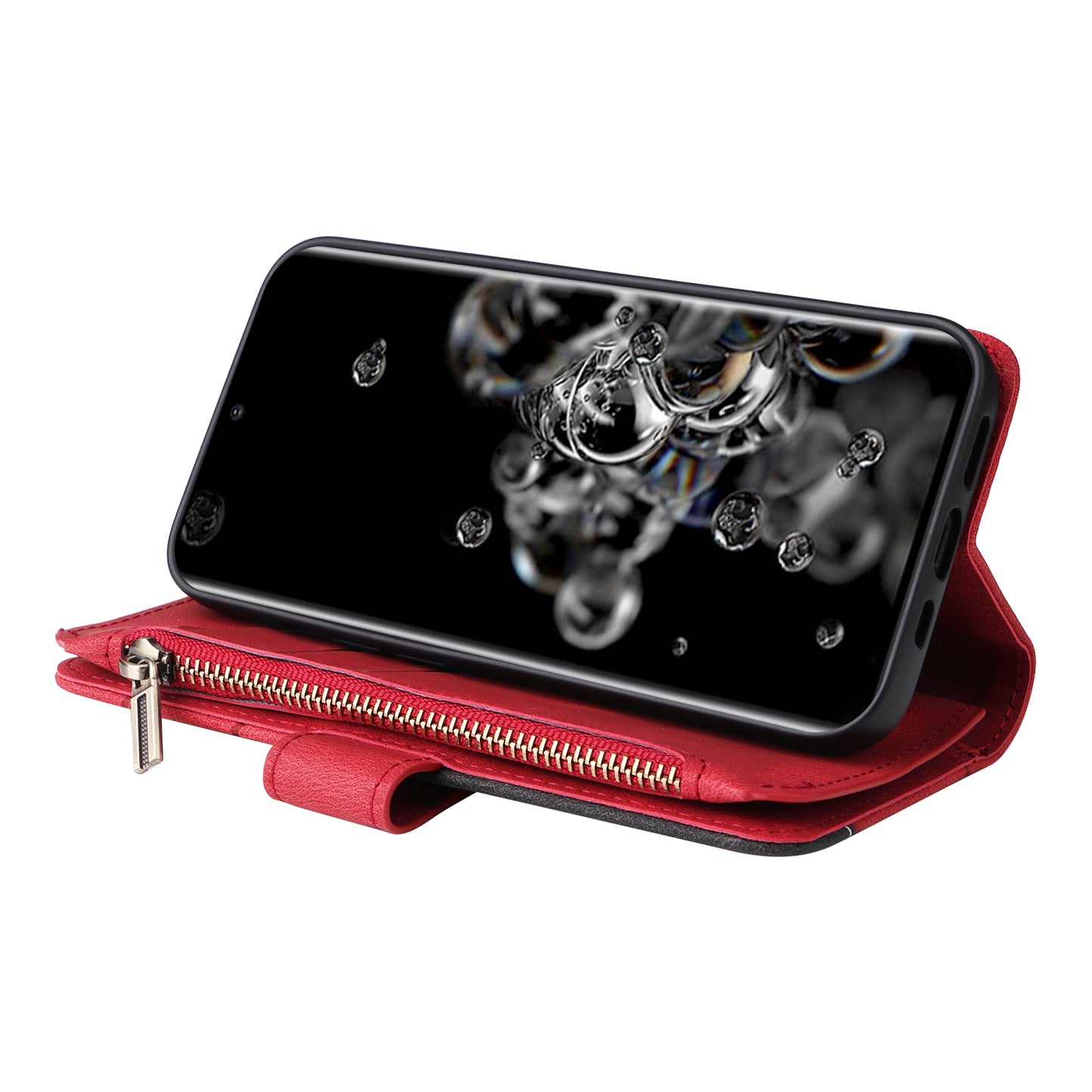 KT Multi-function Series-5 for Samsung Galaxy S20 Ultra 5G Bi-color Splicing Leather Wallet Phone Cover Multiple Card Slots Zipper Pocket Protective Case - Red