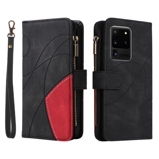 KT Multi-function Series-5 for Samsung Galaxy S20 Ultra 5G Bi-color Splicing Leather Wallet Phone Cover Multiple Card Slots Zipper Pocket Protective Case - Black