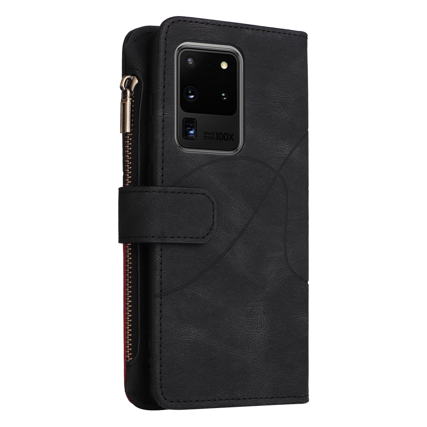 KT Multi-function Series-5 for Samsung Galaxy S20 Ultra 5G Bi-color Splicing Leather Wallet Phone Cover Multiple Card Slots Zipper Pocket Protective Case - Black