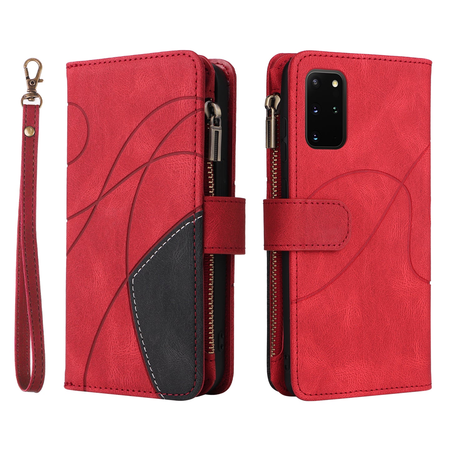For Samsung Galaxy S20 Plus 4G/5G KT Multi-function Series-5 Bi-color Splicing PU Leather Cellphone Case Multiple Card Slots Protective Cover with Zipper Pocket - Red