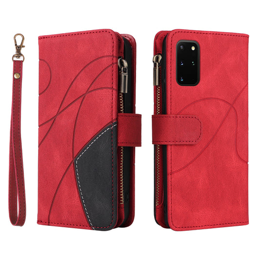For Samsung Galaxy S20 Plus 4G/5G KT Multi-function Series-5 Bi-color Splicing PU Leather Cellphone Case Multiple Card Slots Protective Cover with Zipper Pocket - Red