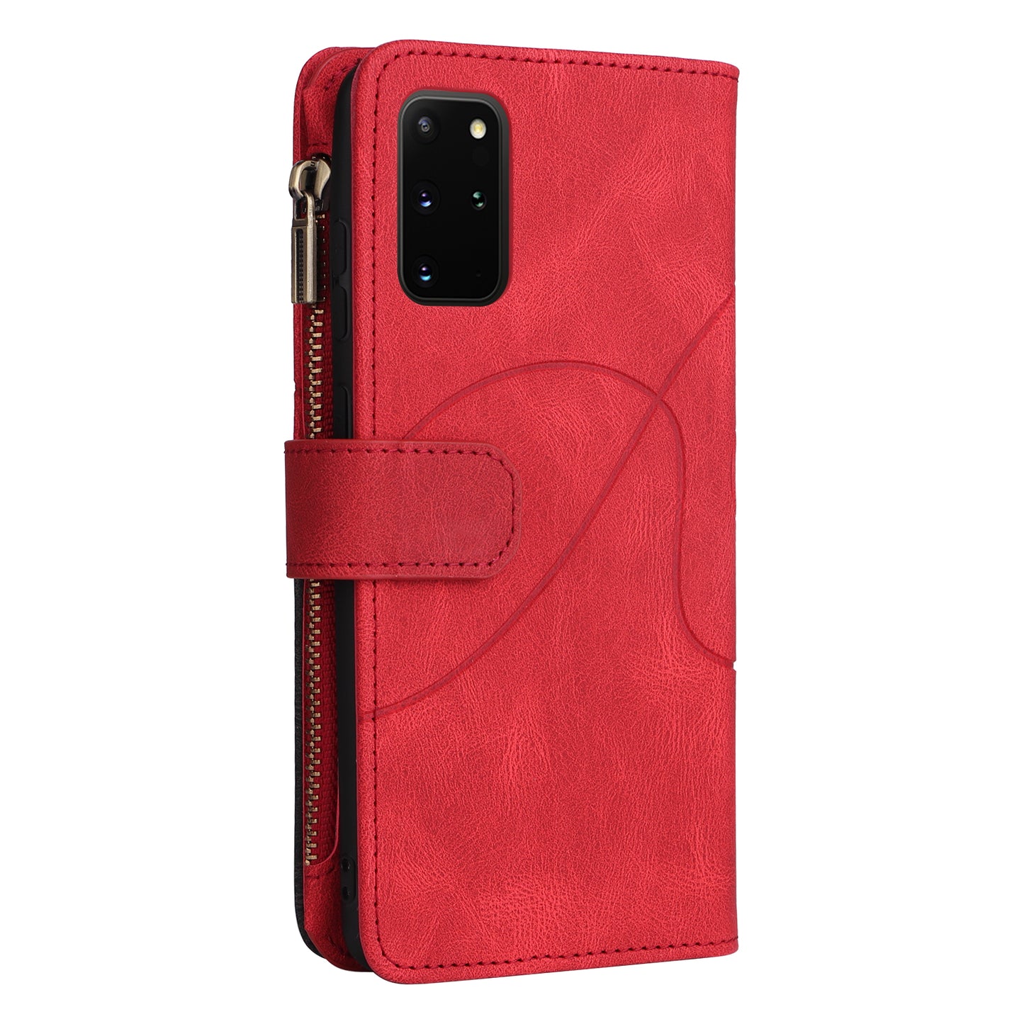 For Samsung Galaxy S20 Plus 4G/5G KT Multi-function Series-5 Bi-color Splicing PU Leather Cellphone Case Multiple Card Slots Protective Cover with Zipper Pocket - Red