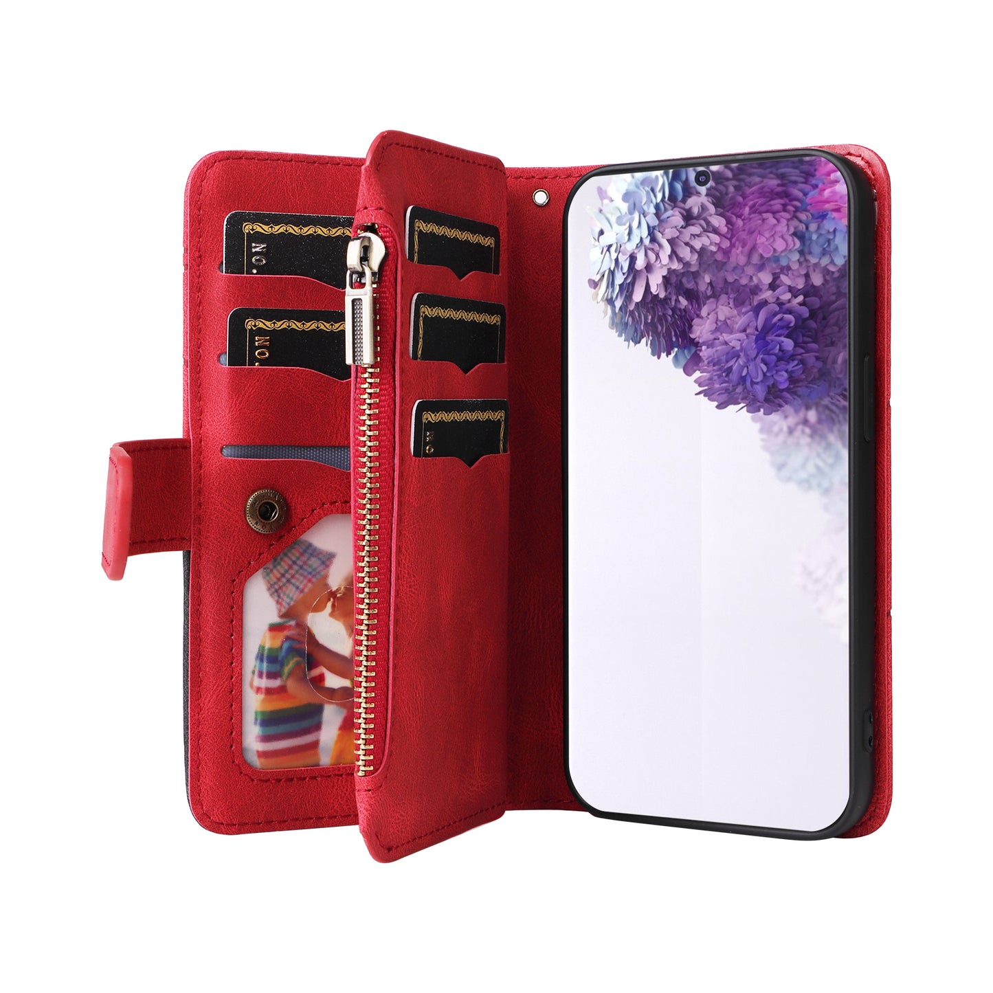 For Samsung Galaxy S20 Plus 4G/5G KT Multi-function Series-5 Bi-color Splicing PU Leather Cellphone Case Multiple Card Slots Protective Cover with Zipper Pocket - Red