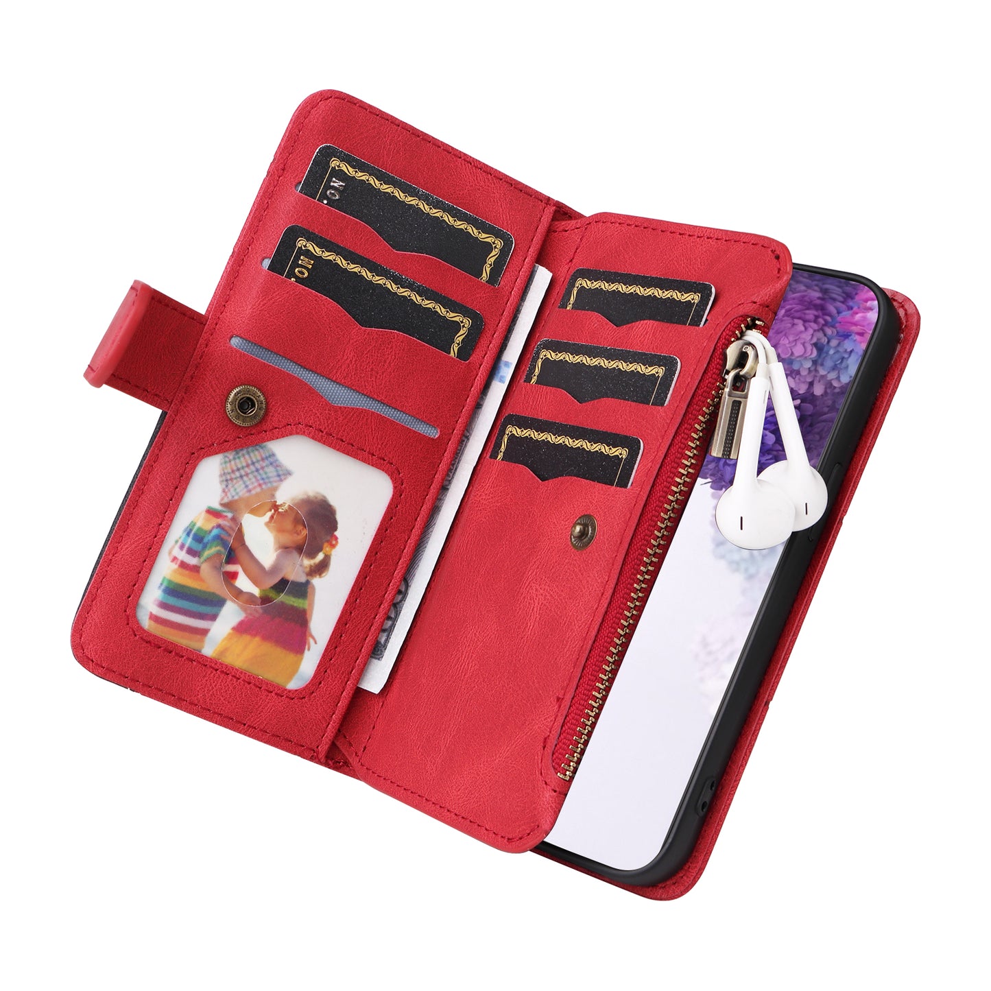 For Samsung Galaxy S20 Plus 4G/5G KT Multi-function Series-5 Bi-color Splicing PU Leather Cellphone Case Multiple Card Slots Protective Cover with Zipper Pocket - Red