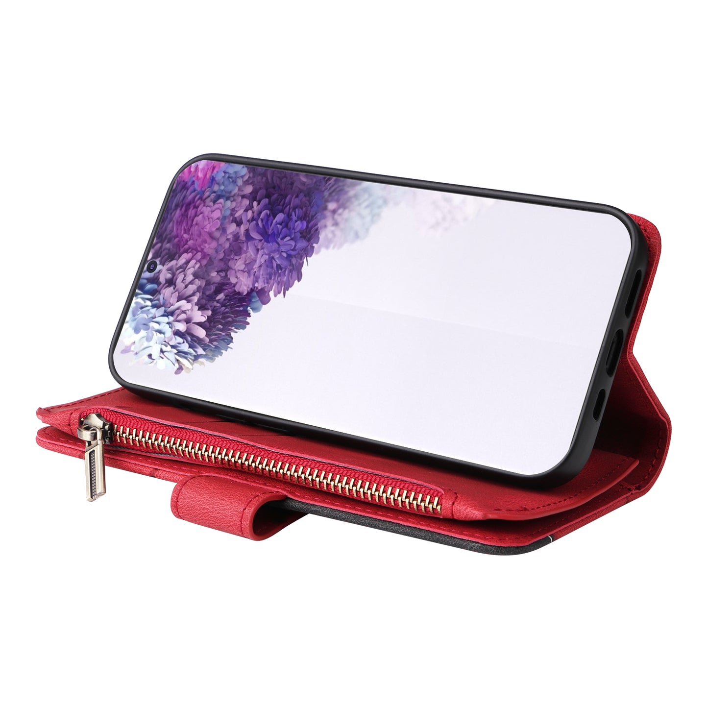For Samsung Galaxy S20 Plus 4G/5G KT Multi-function Series-5 Bi-color Splicing PU Leather Cellphone Case Multiple Card Slots Protective Cover with Zipper Pocket - Red