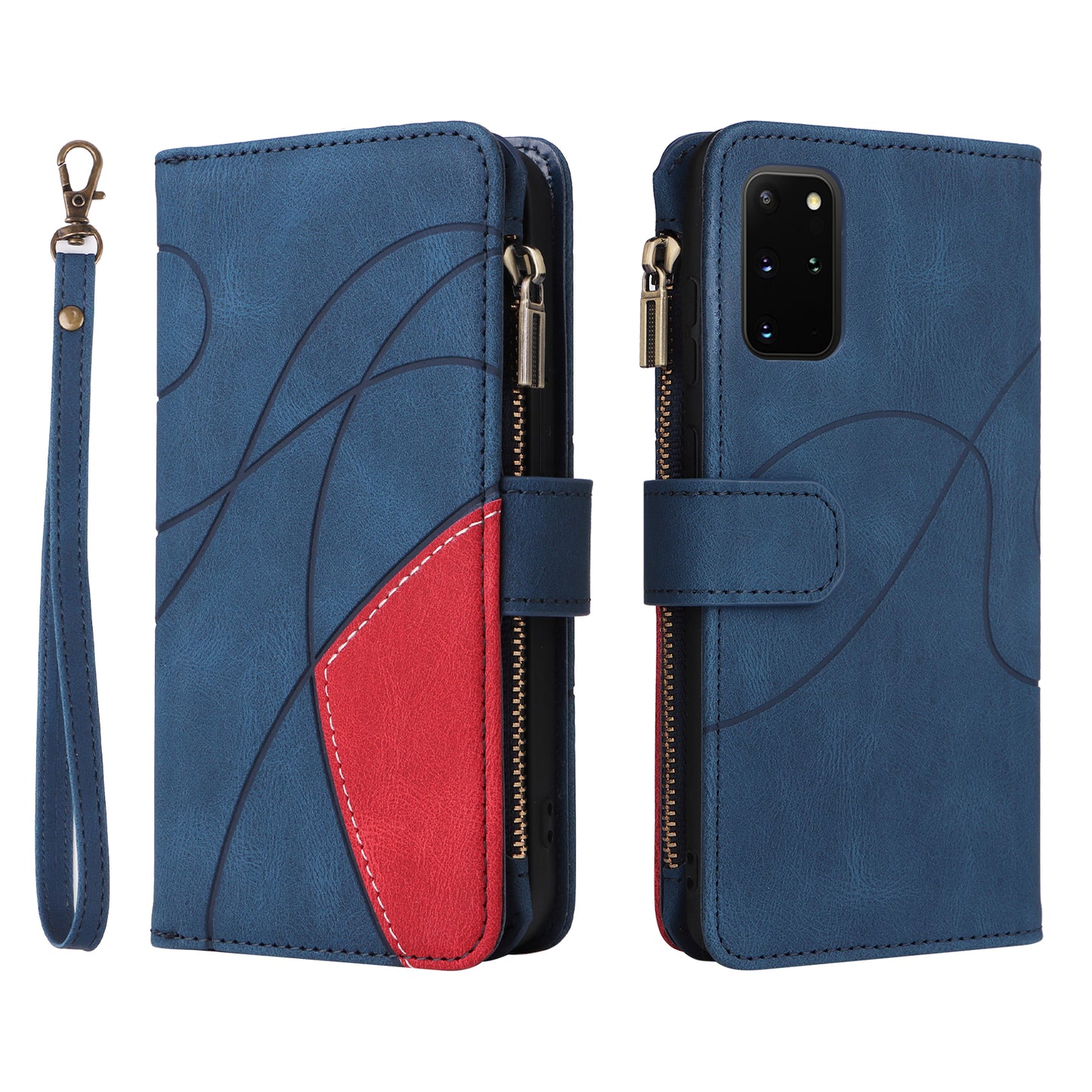 For Samsung Galaxy S20 Plus 4G/5G KT Multi-function Series-5 Bi-color Splicing PU Leather Cellphone Case Multiple Card Slots Protective Cover with Zipper Pocket - Blue