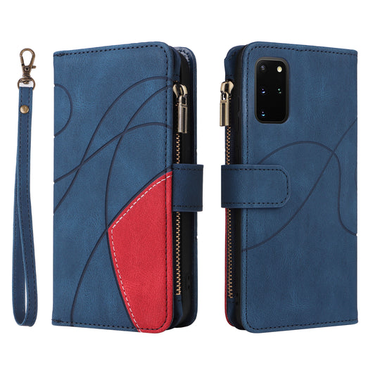 For Samsung Galaxy S20 Plus 4G/5G KT Multi-function Series-5 Bi-color Splicing PU Leather Cellphone Case Multiple Card Slots Protective Cover with Zipper Pocket - Blue