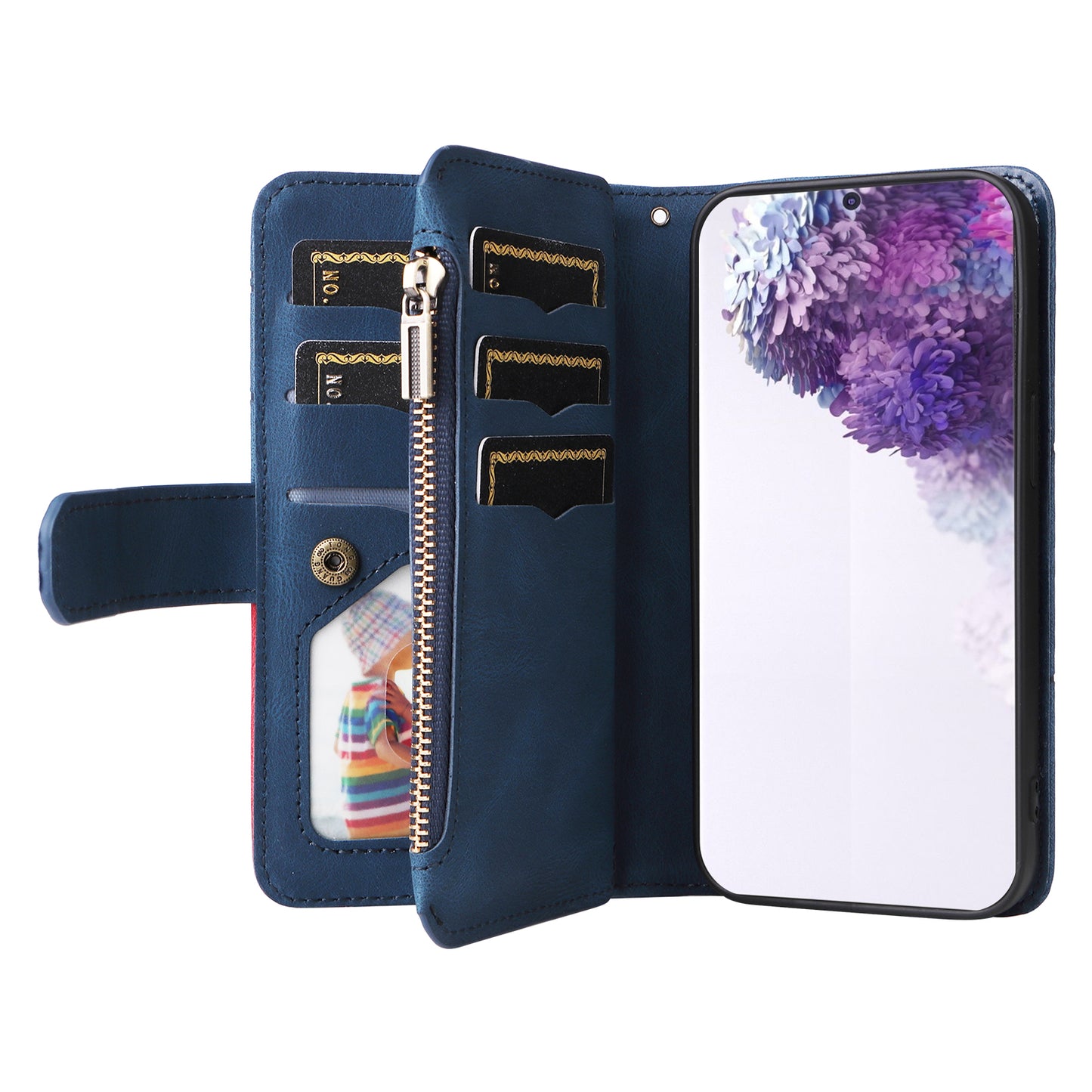 For Samsung Galaxy S20 Plus 4G/5G KT Multi-function Series-5 Bi-color Splicing PU Leather Cellphone Case Multiple Card Slots Protective Cover with Zipper Pocket - Blue