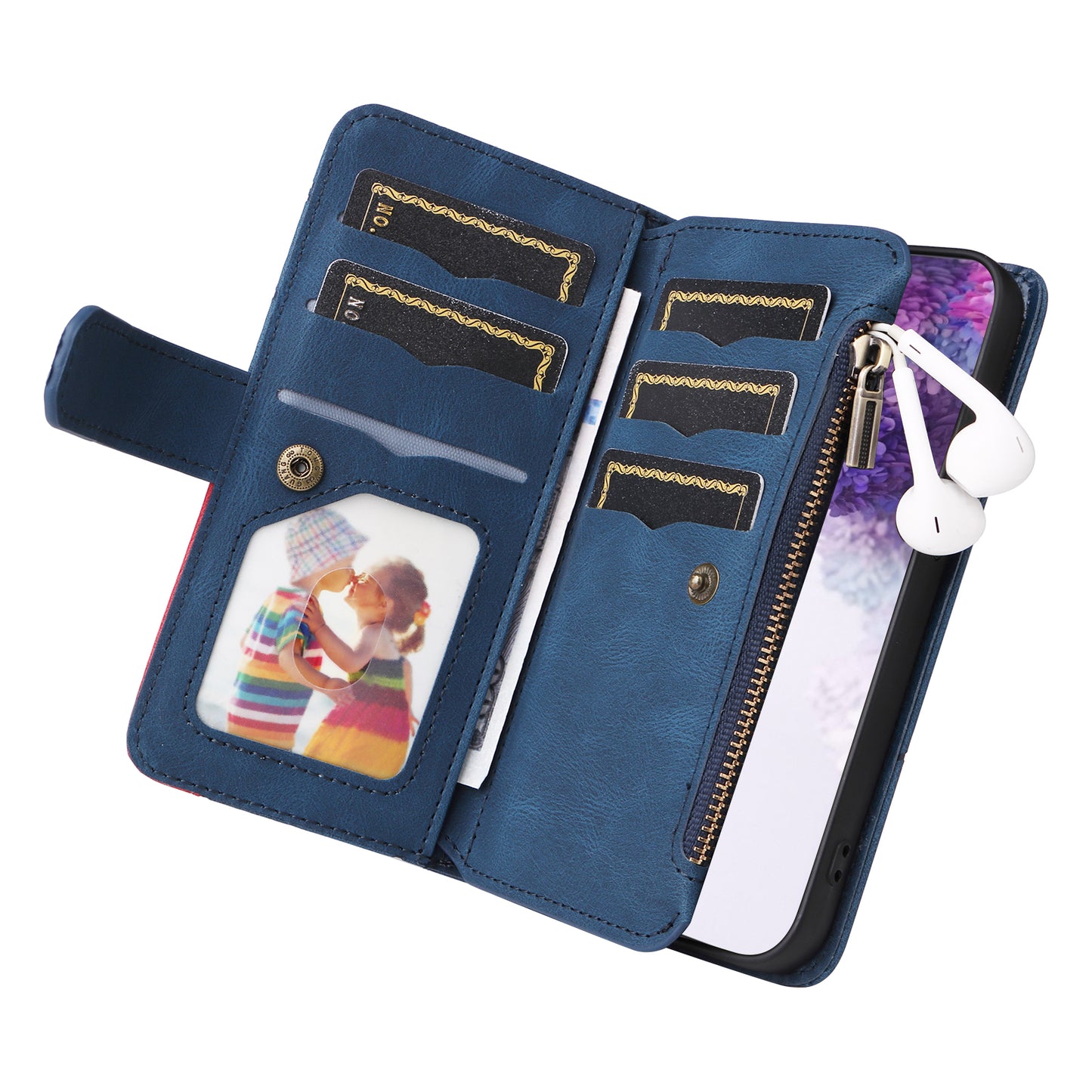 For Samsung Galaxy S20 Plus 4G/5G KT Multi-function Series-5 Bi-color Splicing PU Leather Cellphone Case Multiple Card Slots Protective Cover with Zipper Pocket - Blue