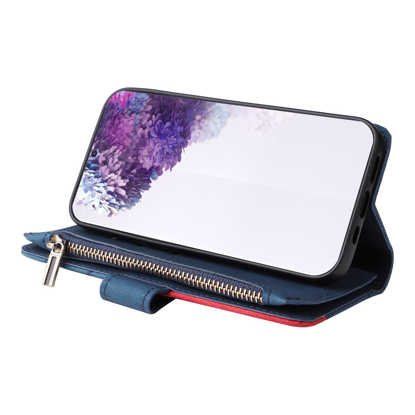 For Samsung Galaxy S20 Plus 4G/5G KT Multi-function Series-5 Bi-color Splicing PU Leather Cellphone Case Multiple Card Slots Protective Cover with Zipper Pocket - Blue
