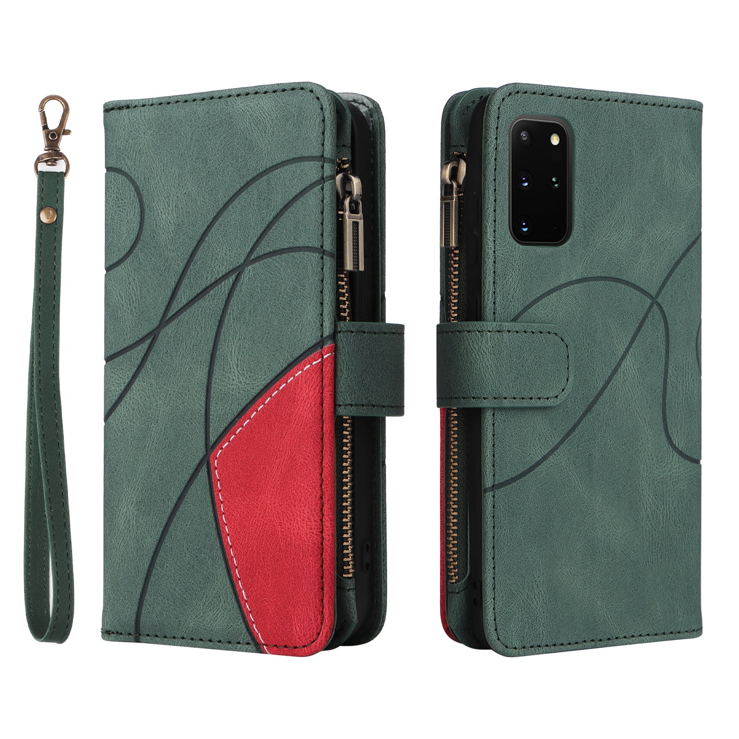 For Samsung Galaxy S20 Plus 4G/5G KT Multi-function Series-5 Bi-color Splicing PU Leather Cellphone Case Multiple Card Slots Protective Cover with Zipper Pocket - Green