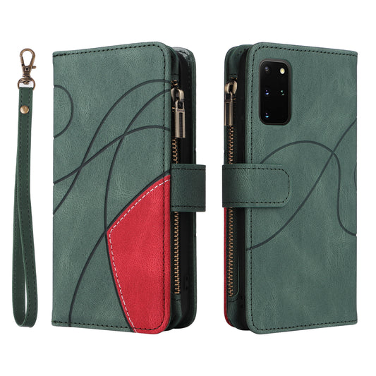 For Samsung Galaxy S20 Plus 4G/5G KT Multi-function Series-5 Bi-color Splicing PU Leather Cellphone Case Multiple Card Slots Protective Cover with Zipper Pocket - Green