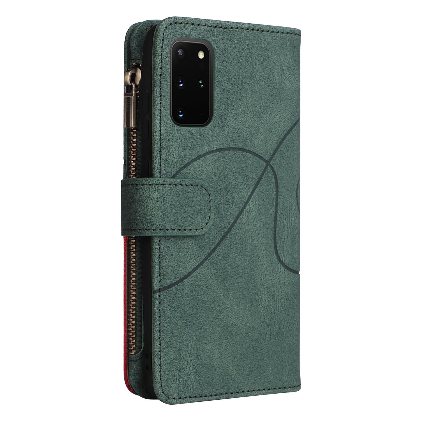 For Samsung Galaxy S20 Plus 4G/5G KT Multi-function Series-5 Bi-color Splicing PU Leather Cellphone Case Multiple Card Slots Protective Cover with Zipper Pocket - Green