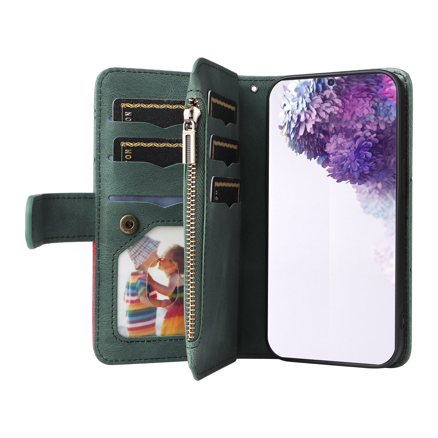 For Samsung Galaxy S20 Plus 4G/5G KT Multi-function Series-5 Bi-color Splicing PU Leather Cellphone Case Multiple Card Slots Protective Cover with Zipper Pocket - Green
