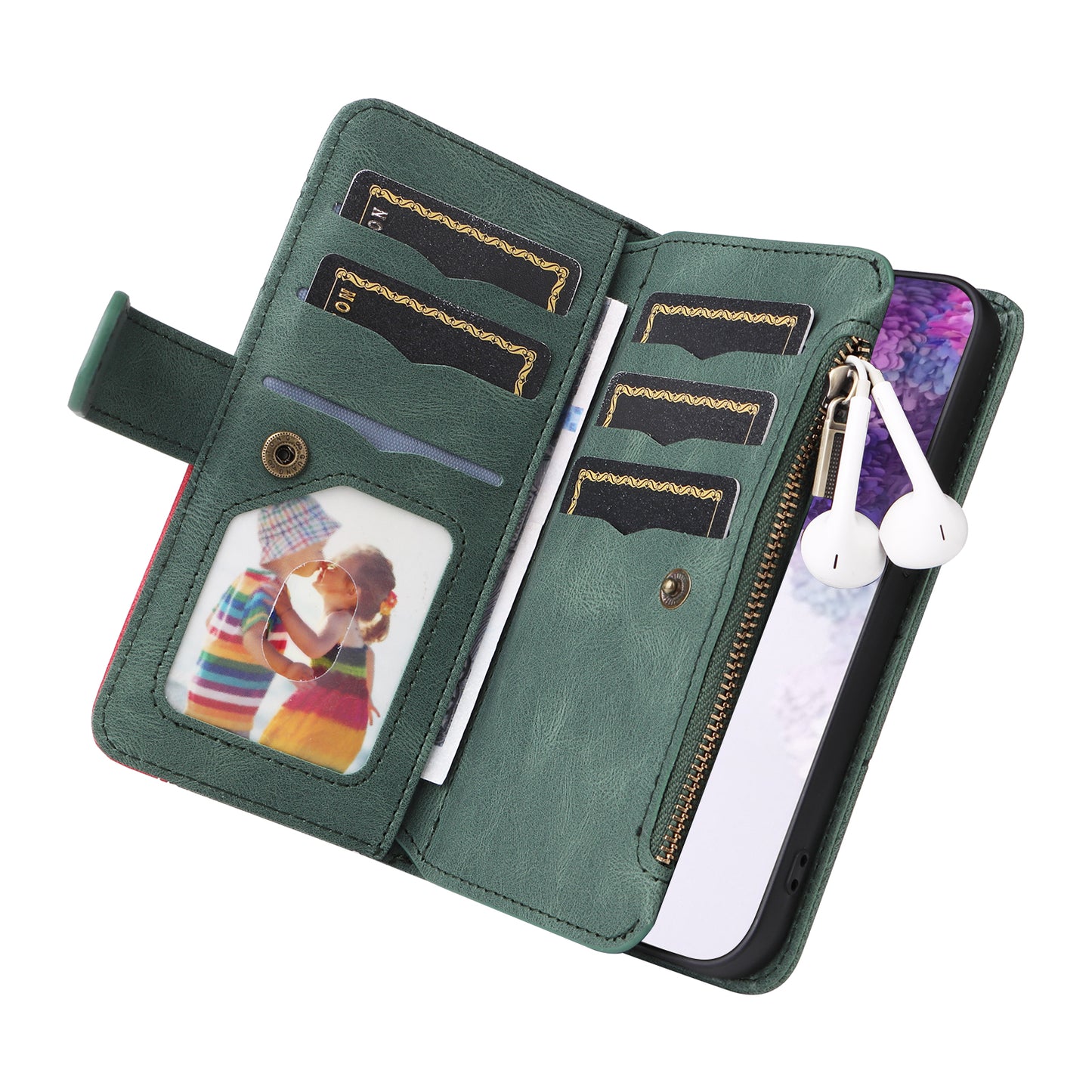 For Samsung Galaxy S20 Plus 4G/5G KT Multi-function Series-5 Bi-color Splicing PU Leather Cellphone Case Multiple Card Slots Protective Cover with Zipper Pocket - Green