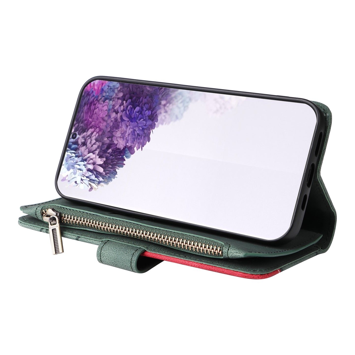 For Samsung Galaxy S20 Plus 4G/5G KT Multi-function Series-5 Bi-color Splicing PU Leather Cellphone Case Multiple Card Slots Protective Cover with Zipper Pocket - Green