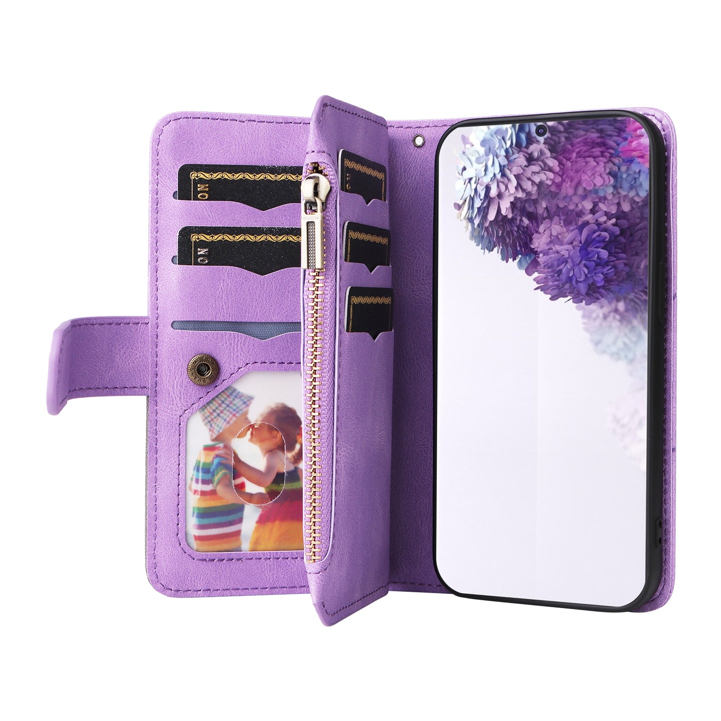 For Samsung Galaxy S20 Plus 4G/5G KT Multi-function Series-5 Bi-color Splicing PU Leather Cellphone Case Multiple Card Slots Protective Cover with Zipper Pocket - Light Purple