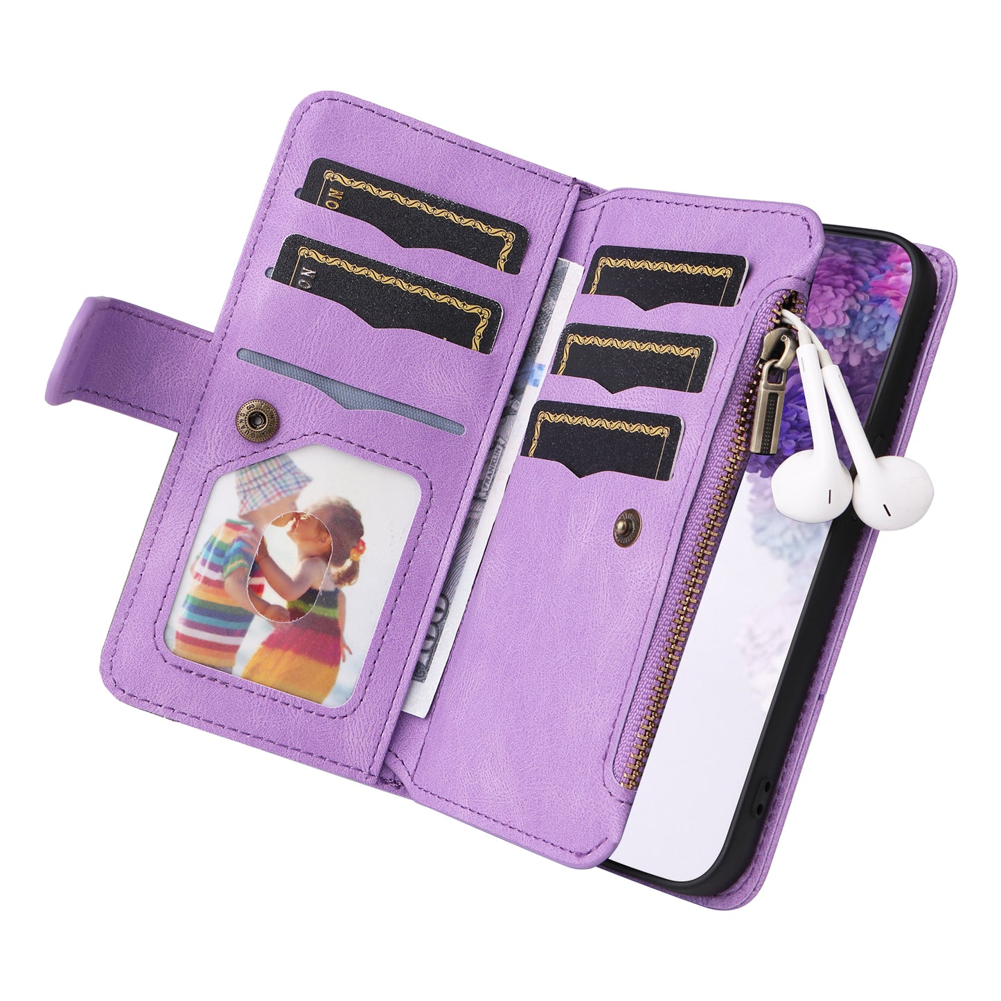 For Samsung Galaxy S20 Plus 4G/5G KT Multi-function Series-5 Bi-color Splicing PU Leather Cellphone Case Multiple Card Slots Protective Cover with Zipper Pocket - Light Purple