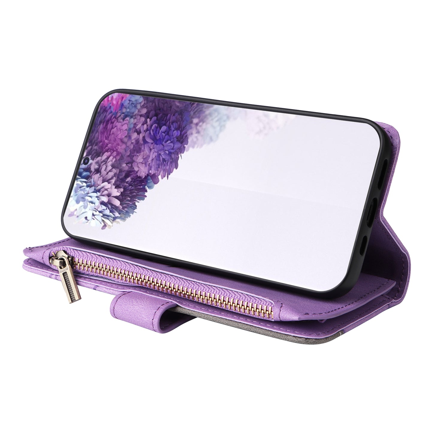 For Samsung Galaxy S20 Plus 4G/5G KT Multi-function Series-5 Bi-color Splicing PU Leather Cellphone Case Multiple Card Slots Protective Cover with Zipper Pocket - Light Purple