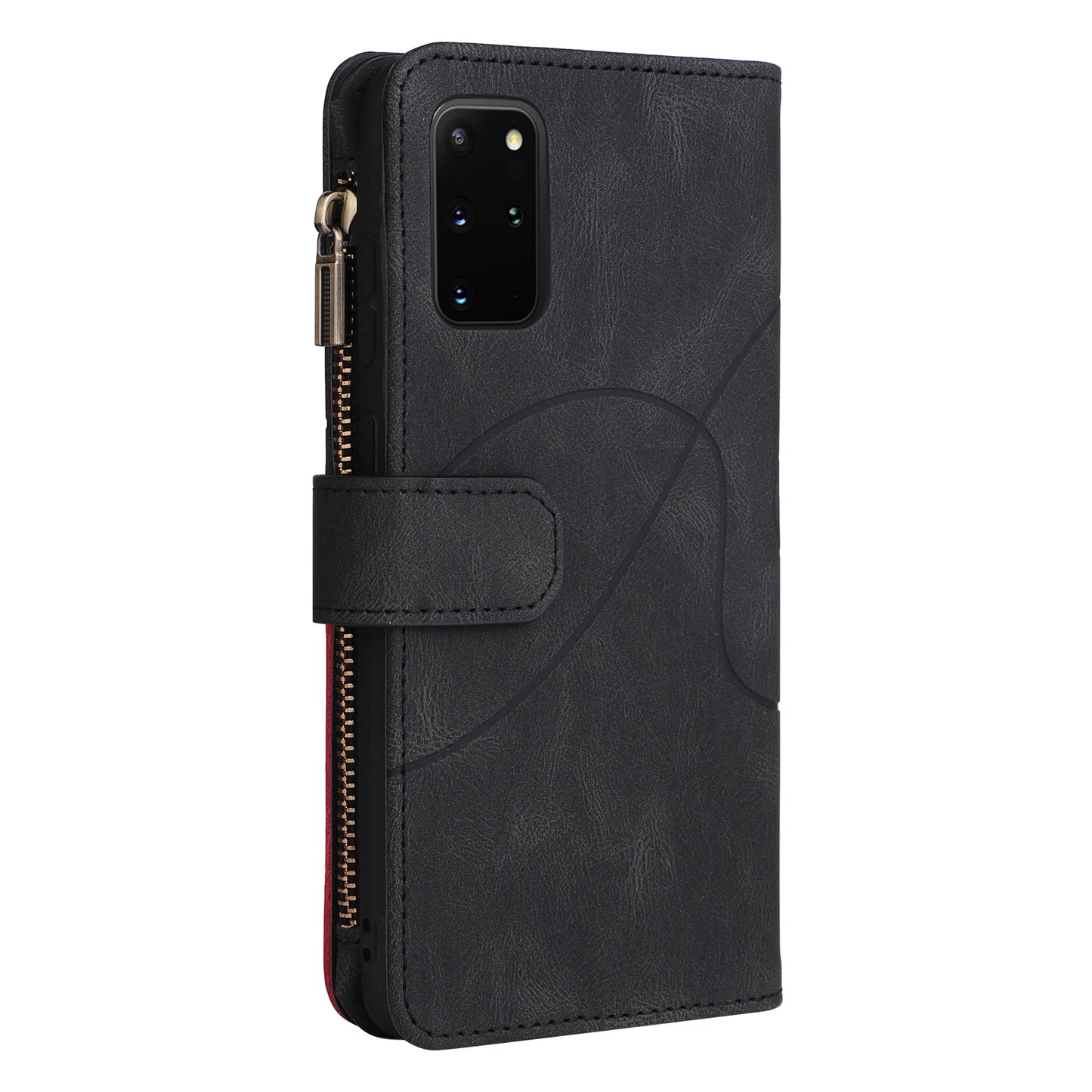 For Samsung Galaxy S20 Plus 4G/5G KT Multi-function Series-5 Bi-color Splicing PU Leather Cellphone Case Multiple Card Slots Protective Cover with Zipper Pocket - Black