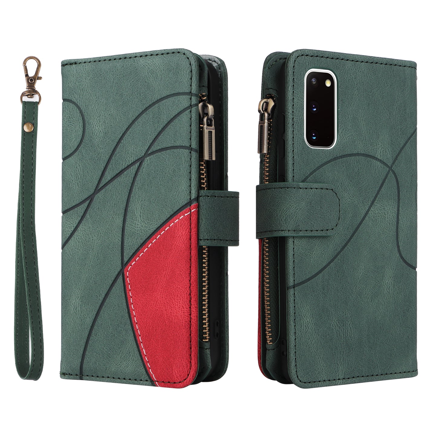 KT Multi-function Series-5 For Samsung Galaxy S20 4G/5G Wallet Phone Covering Imprinted Curved Line Pattern Bi-color PU Leather Coated TPU Phone Shell Case - Green
