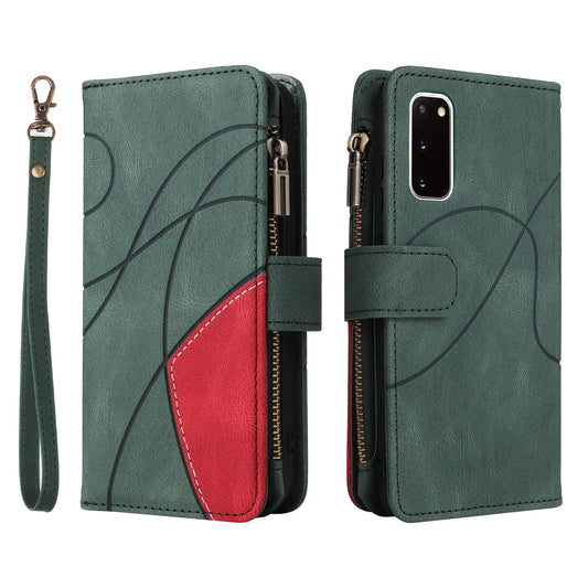 KT Multi-function Series-5 For Samsung Galaxy S20 4G/5G Wallet Phone Covering Imprinted Curved Line Pattern Bi-color PU Leather Coated TPU Phone Shell Case - Green