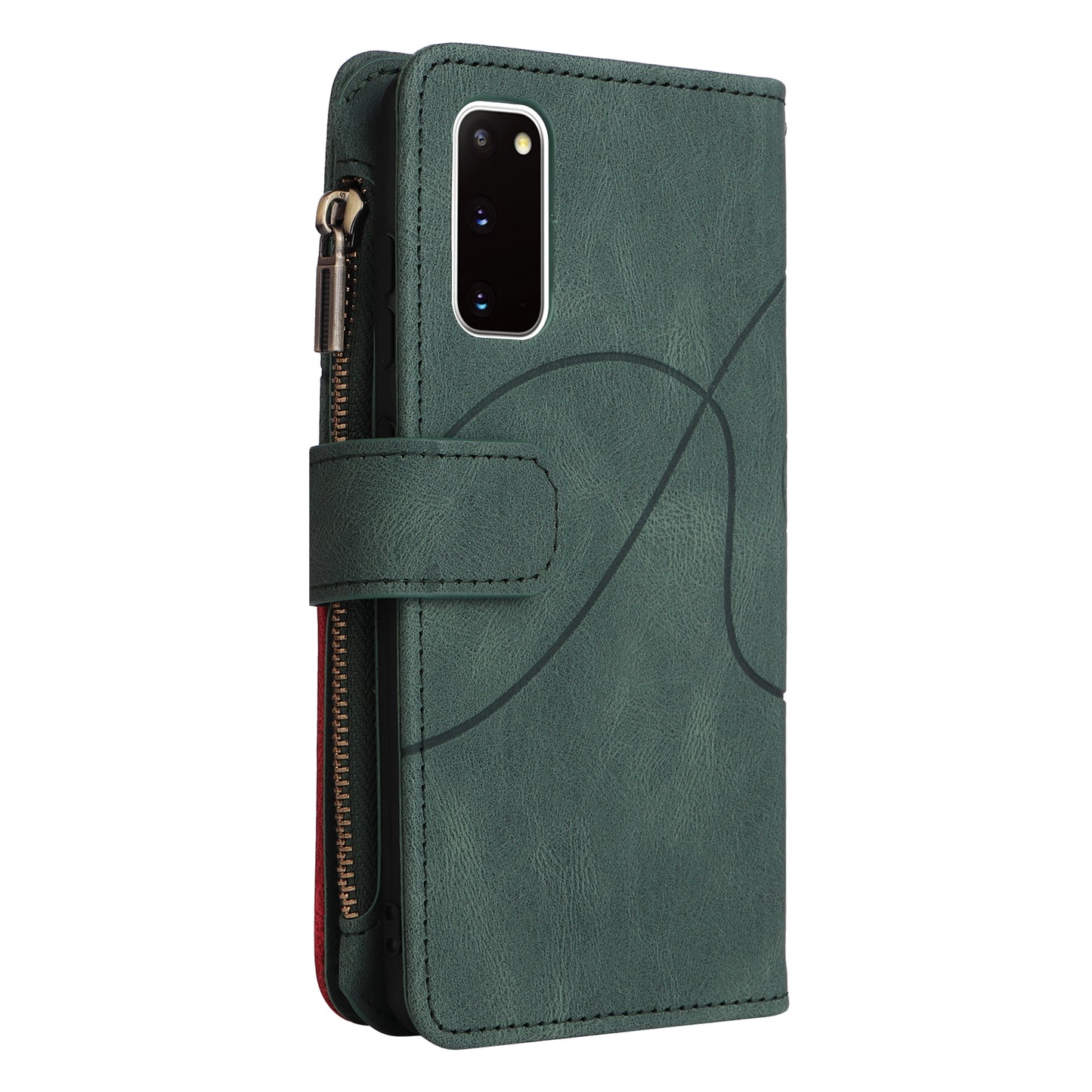 KT Multi-function Series-5 For Samsung Galaxy S20 4G/5G Wallet Phone Covering Imprinted Curved Line Pattern Bi-color PU Leather Coated TPU Phone Shell Case - Green