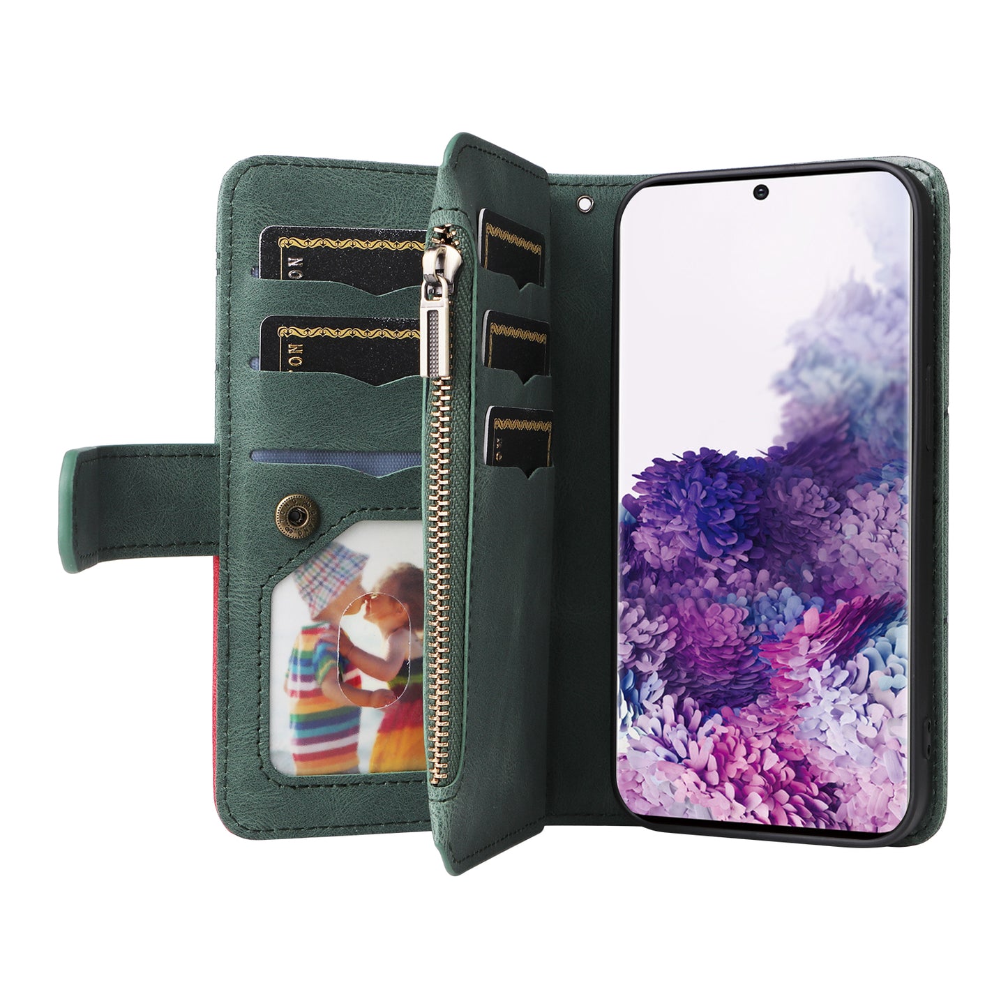 KT Multi-function Series-5 For Samsung Galaxy S20 4G/5G Wallet Phone Covering Imprinted Curved Line Pattern Bi-color PU Leather Coated TPU Phone Shell Case - Green