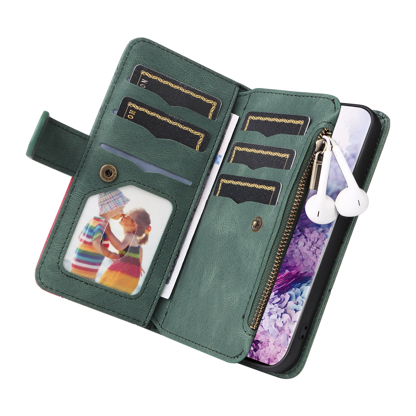 KT Multi-function Series-5 For Samsung Galaxy S20 4G/5G Wallet Phone Covering Imprinted Curved Line Pattern Bi-color PU Leather Coated TPU Phone Shell Case - Green