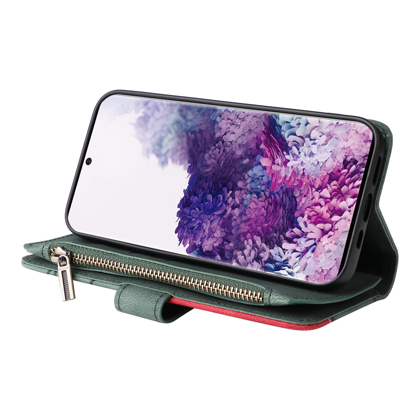 KT Multi-function Series-5 For Samsung Galaxy S20 4G/5G Wallet Phone Covering Imprinted Curved Line Pattern Bi-color PU Leather Coated TPU Phone Shell Case - Green