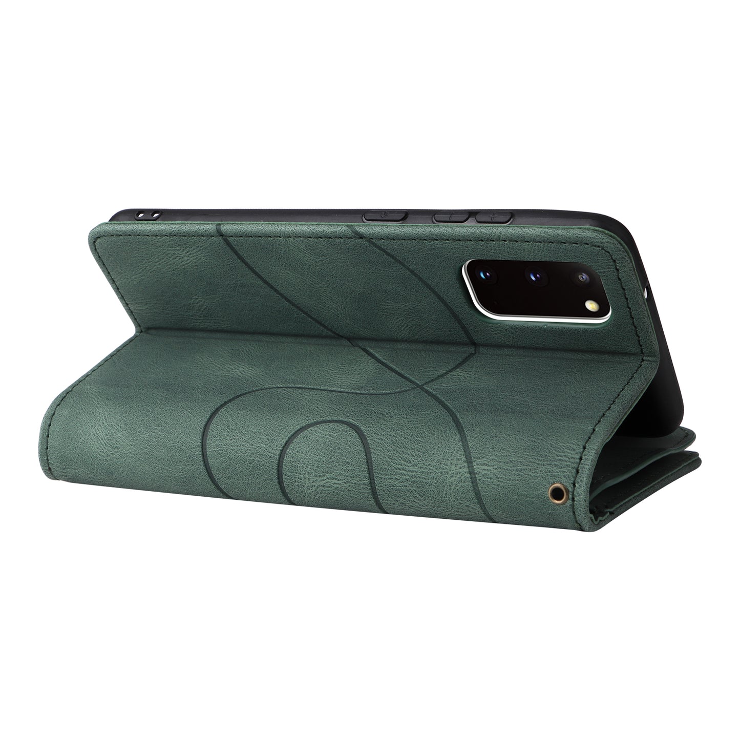KT Multi-function Series-5 For Samsung Galaxy S20 4G/5G Wallet Phone Covering Imprinted Curved Line Pattern Bi-color PU Leather Coated TPU Phone Shell Case - Green