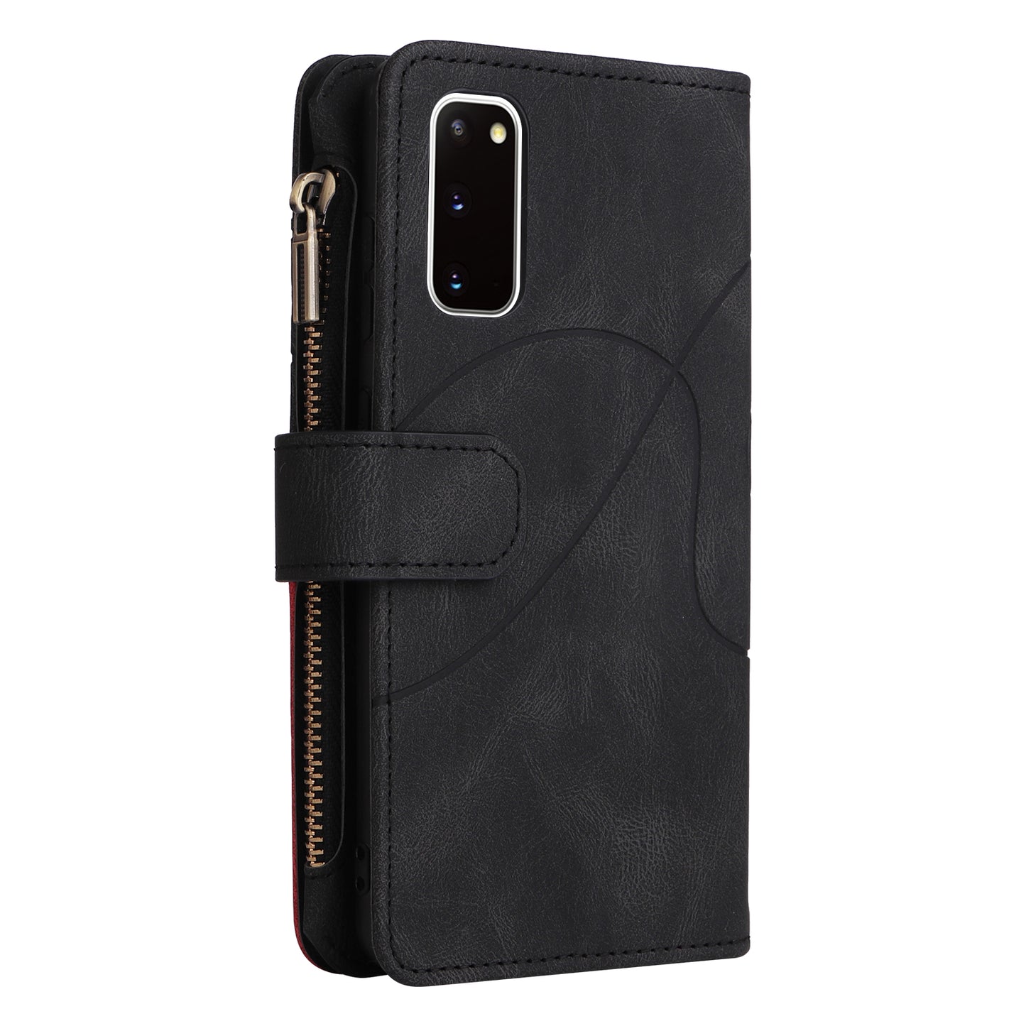 KT Multi-function Series-5 For Samsung Galaxy S20 4G/5G Wallet Phone Covering Imprinted Curved Line Pattern Bi-color PU Leather Coated TPU Phone Shell Case - Black