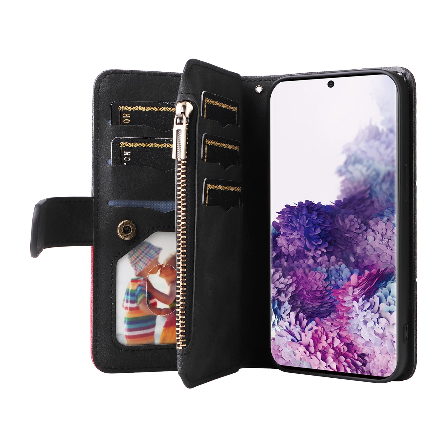 KT Multi-function Series-5 For Samsung Galaxy S20 4G/5G Wallet Phone Covering Imprinted Curved Line Pattern Bi-color PU Leather Coated TPU Phone Shell Case - Black