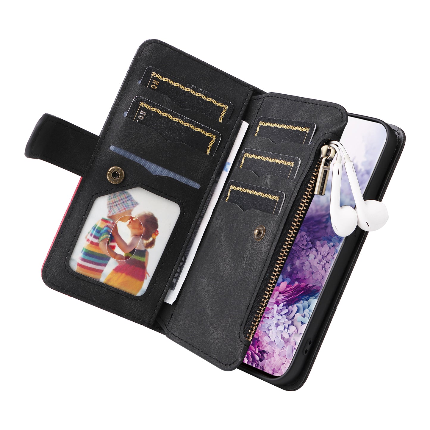 KT Multi-function Series-5 For Samsung Galaxy S20 4G/5G Wallet Phone Covering Imprinted Curved Line Pattern Bi-color PU Leather Coated TPU Phone Shell Case - Black