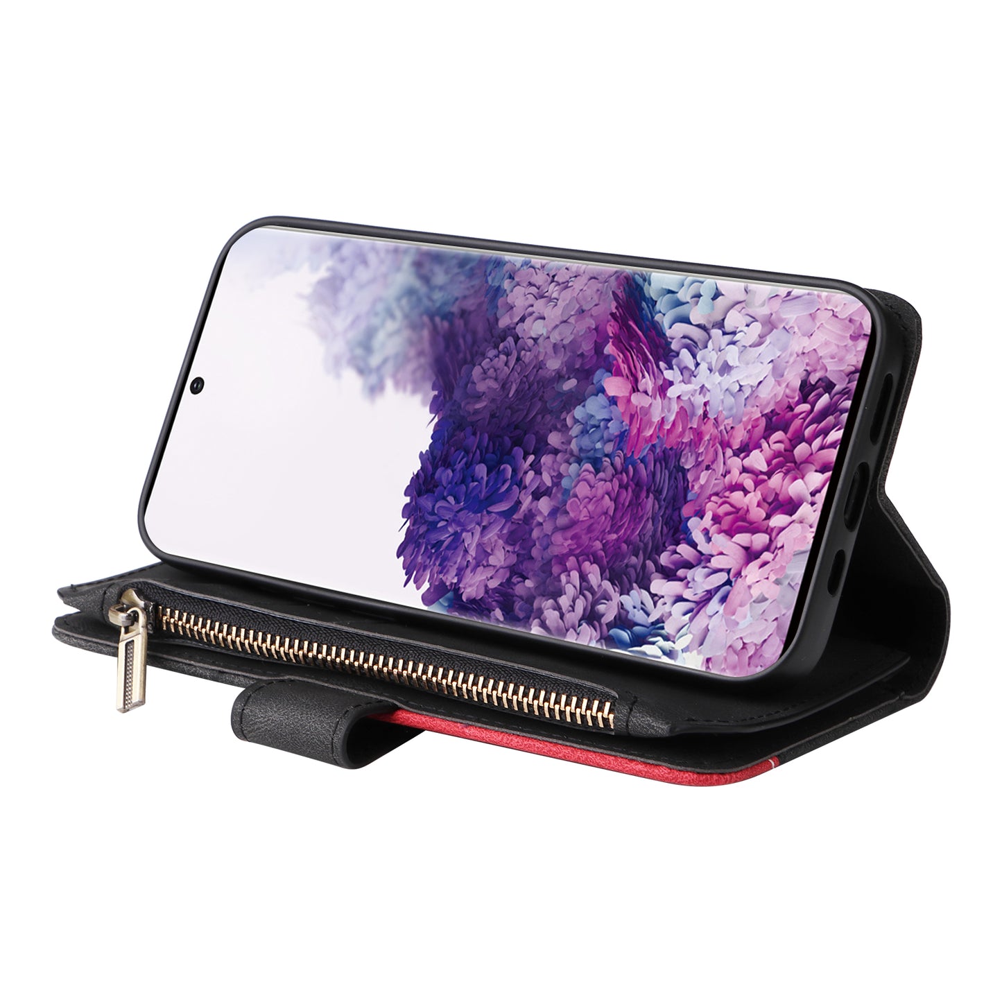 KT Multi-function Series-5 For Samsung Galaxy S20 4G/5G Wallet Phone Covering Imprinted Curved Line Pattern Bi-color PU Leather Coated TPU Phone Shell Case - Black