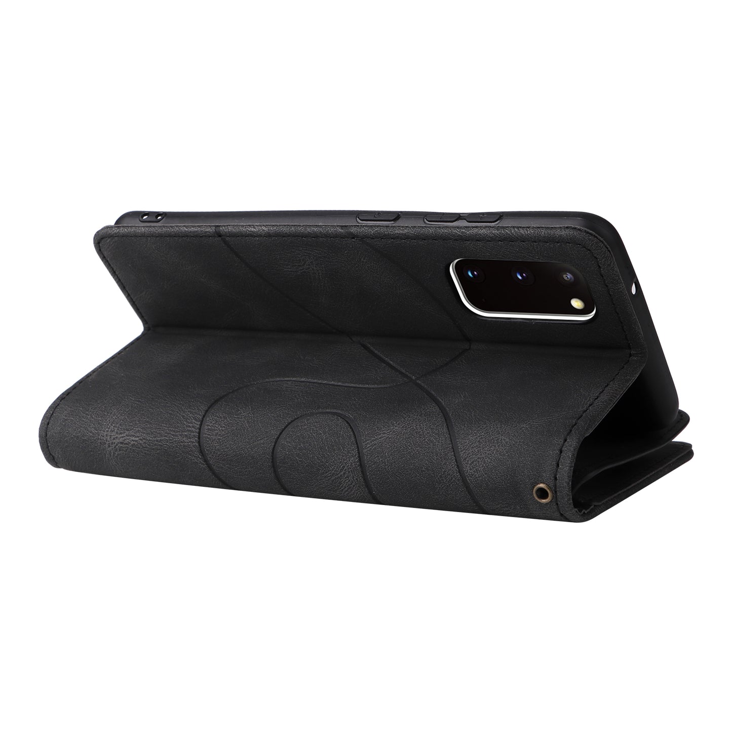 KT Multi-function Series-5 For Samsung Galaxy S20 4G/5G Wallet Phone Covering Imprinted Curved Line Pattern Bi-color PU Leather Coated TPU Phone Shell Case - Black