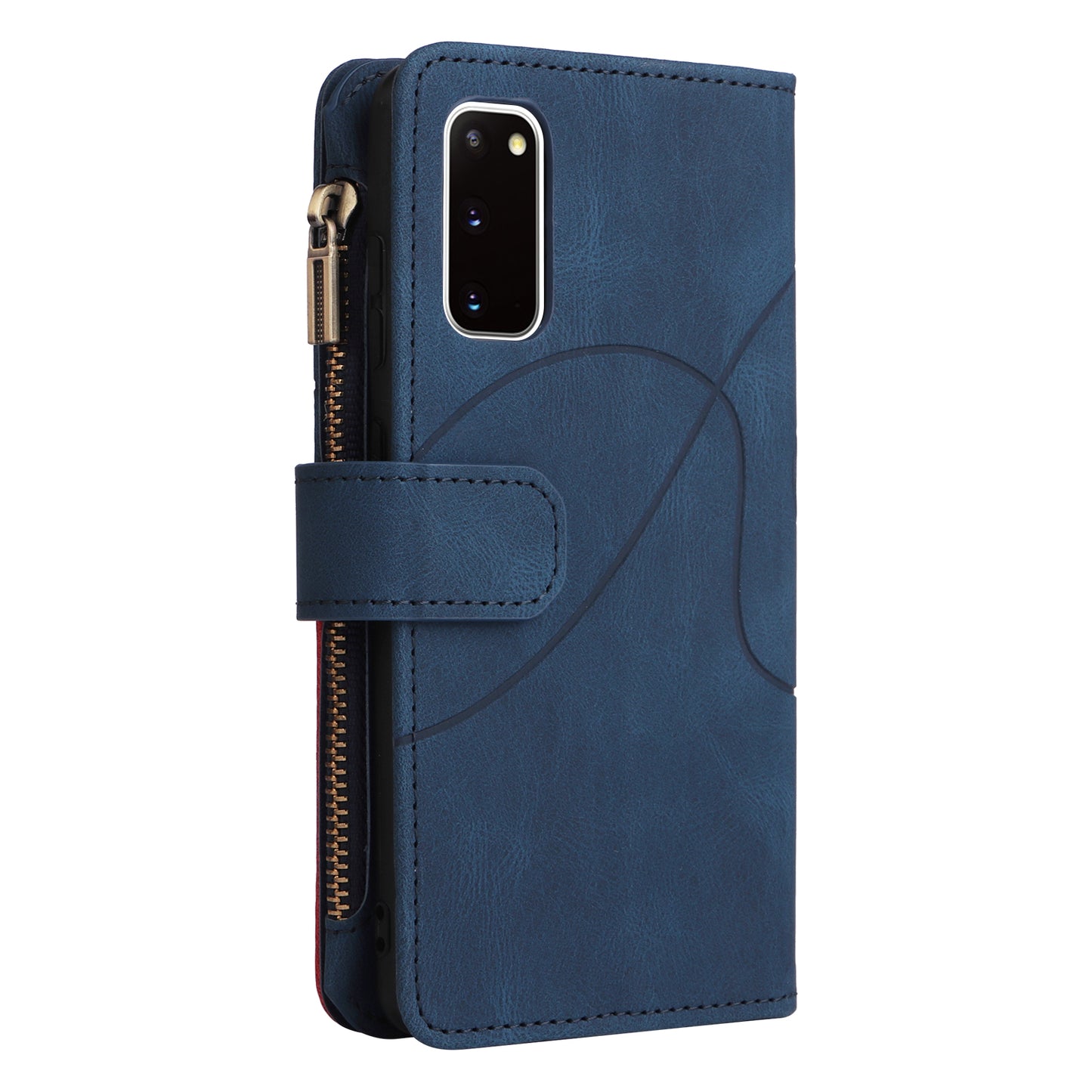 KT Multi-function Series-5 For Samsung Galaxy S20 4G/5G Wallet Phone Covering Imprinted Curved Line Pattern Bi-color PU Leather Coated TPU Phone Shell Case - Blue