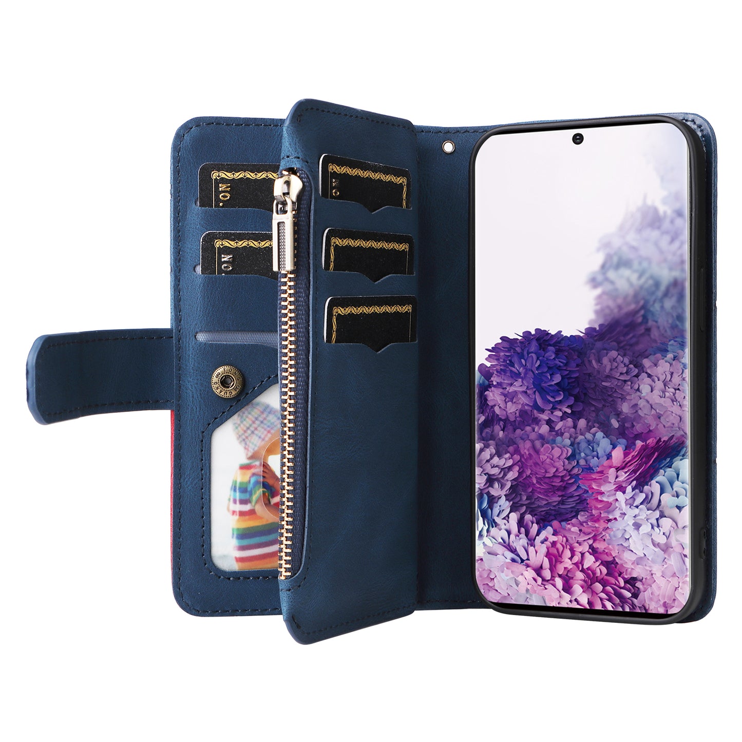 KT Multi-function Series-5 For Samsung Galaxy S20 4G/5G Wallet Phone Covering Imprinted Curved Line Pattern Bi-color PU Leather Coated TPU Phone Shell Case - Blue