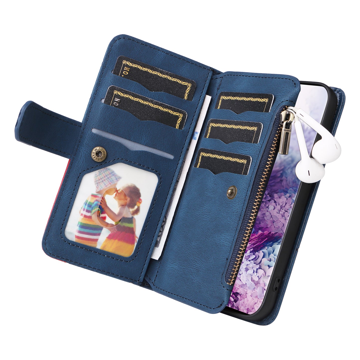 KT Multi-function Series-5 For Samsung Galaxy S20 4G/5G Wallet Phone Covering Imprinted Curved Line Pattern Bi-color PU Leather Coated TPU Phone Shell Case - Blue