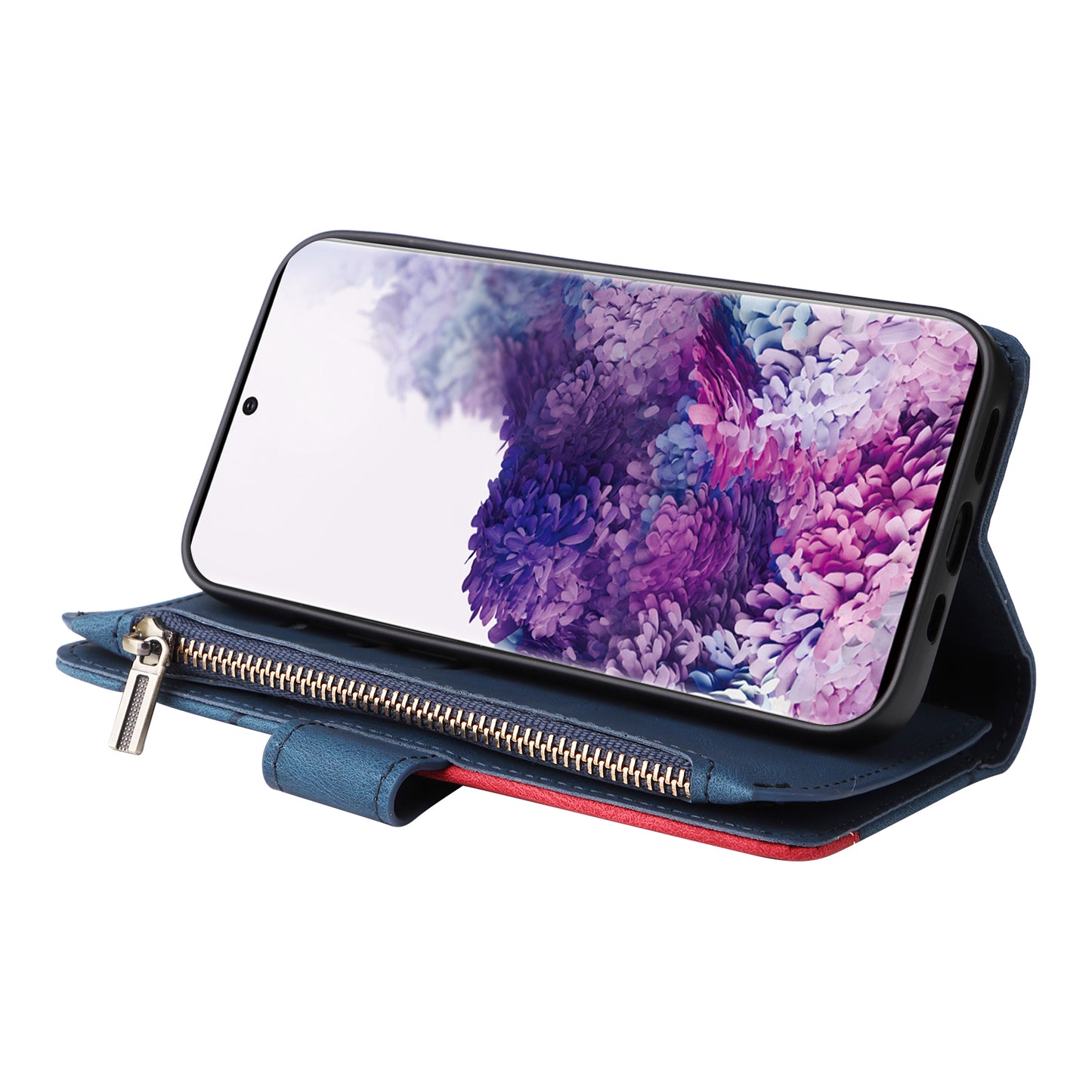KT Multi-function Series-5 For Samsung Galaxy S20 4G/5G Wallet Phone Covering Imprinted Curved Line Pattern Bi-color PU Leather Coated TPU Phone Shell Case - Blue