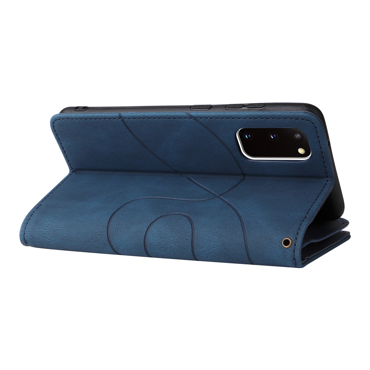 KT Multi-function Series-5 For Samsung Galaxy S20 4G/5G Wallet Phone Covering Imprinted Curved Line Pattern Bi-color PU Leather Coated TPU Phone Shell Case - Blue
