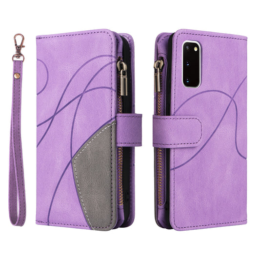 KT Multi-function Series-5 For Samsung Galaxy S20 4G/5G Wallet Phone Covering Imprinted Curved Line Pattern Bi-color PU Leather Coated TPU Phone Shell Case - Light Purple