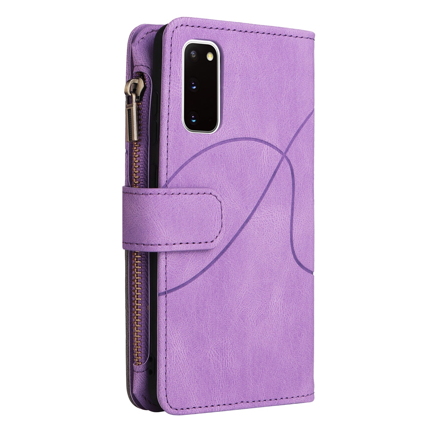 KT Multi-function Series-5 For Samsung Galaxy S20 4G/5G Wallet Phone Covering Imprinted Curved Line Pattern Bi-color PU Leather Coated TPU Phone Shell Case - Light Purple
