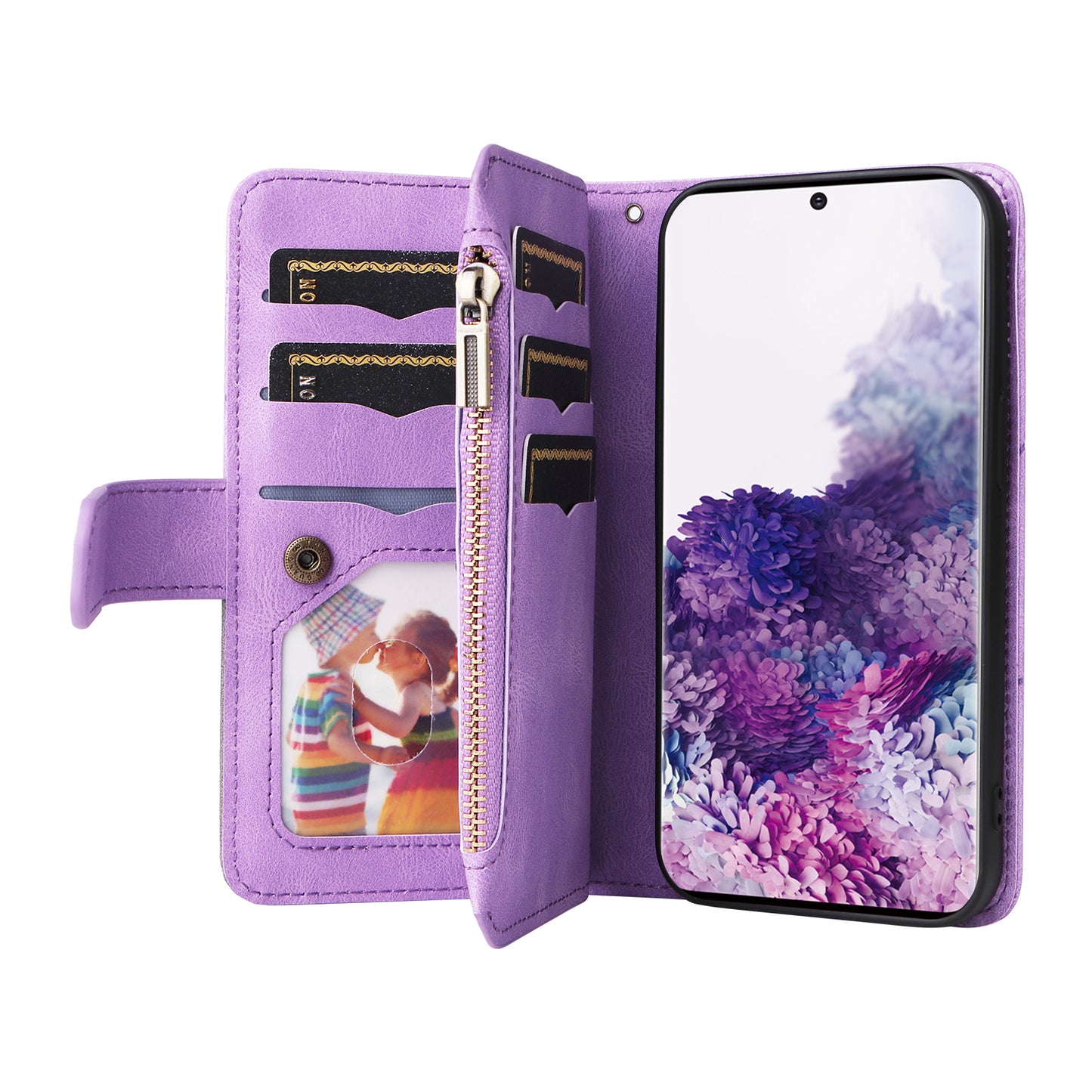 KT Multi-function Series-5 For Samsung Galaxy S20 4G/5G Wallet Phone Covering Imprinted Curved Line Pattern Bi-color PU Leather Coated TPU Phone Shell Case - Light Purple