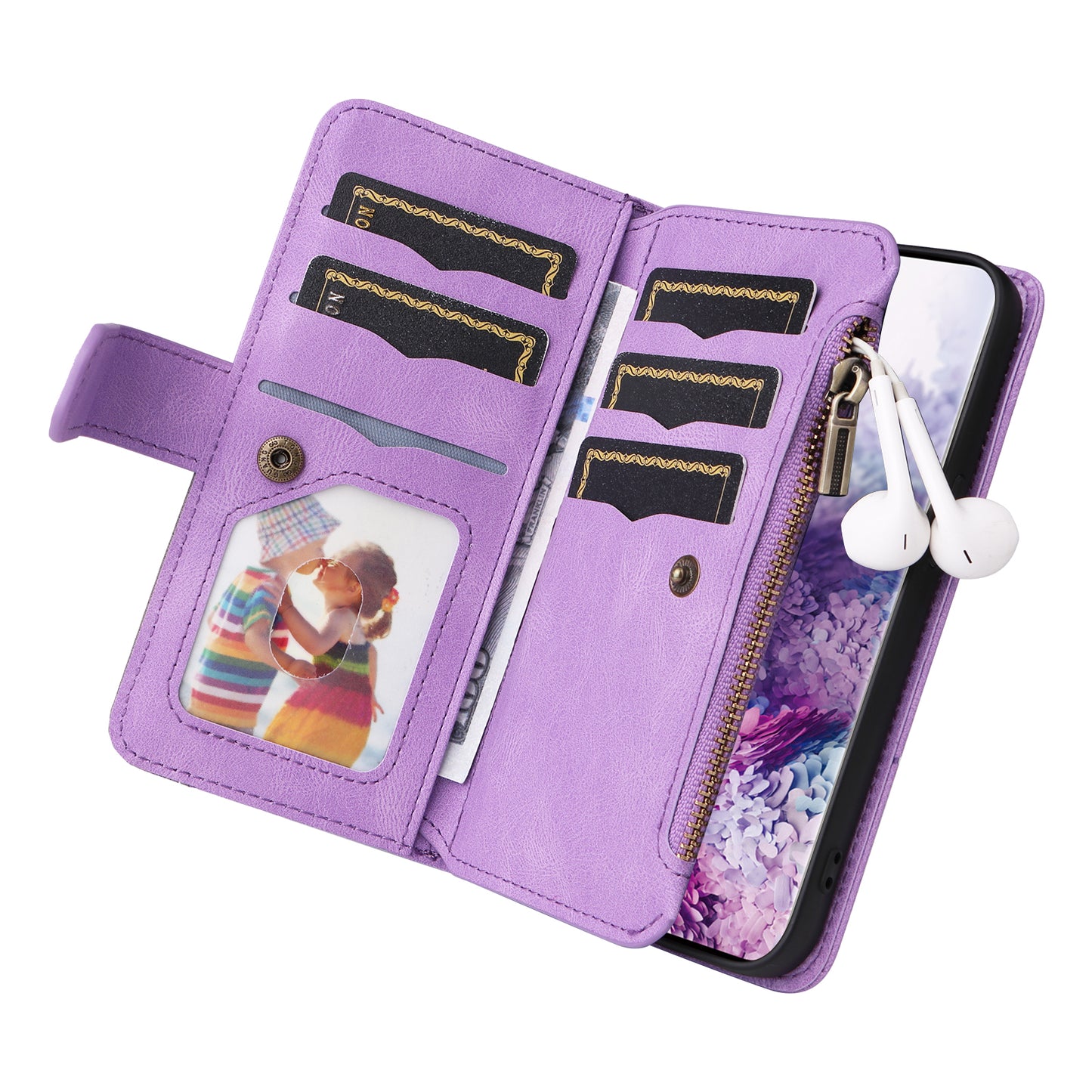 KT Multi-function Series-5 For Samsung Galaxy S20 4G/5G Wallet Phone Covering Imprinted Curved Line Pattern Bi-color PU Leather Coated TPU Phone Shell Case - Light Purple