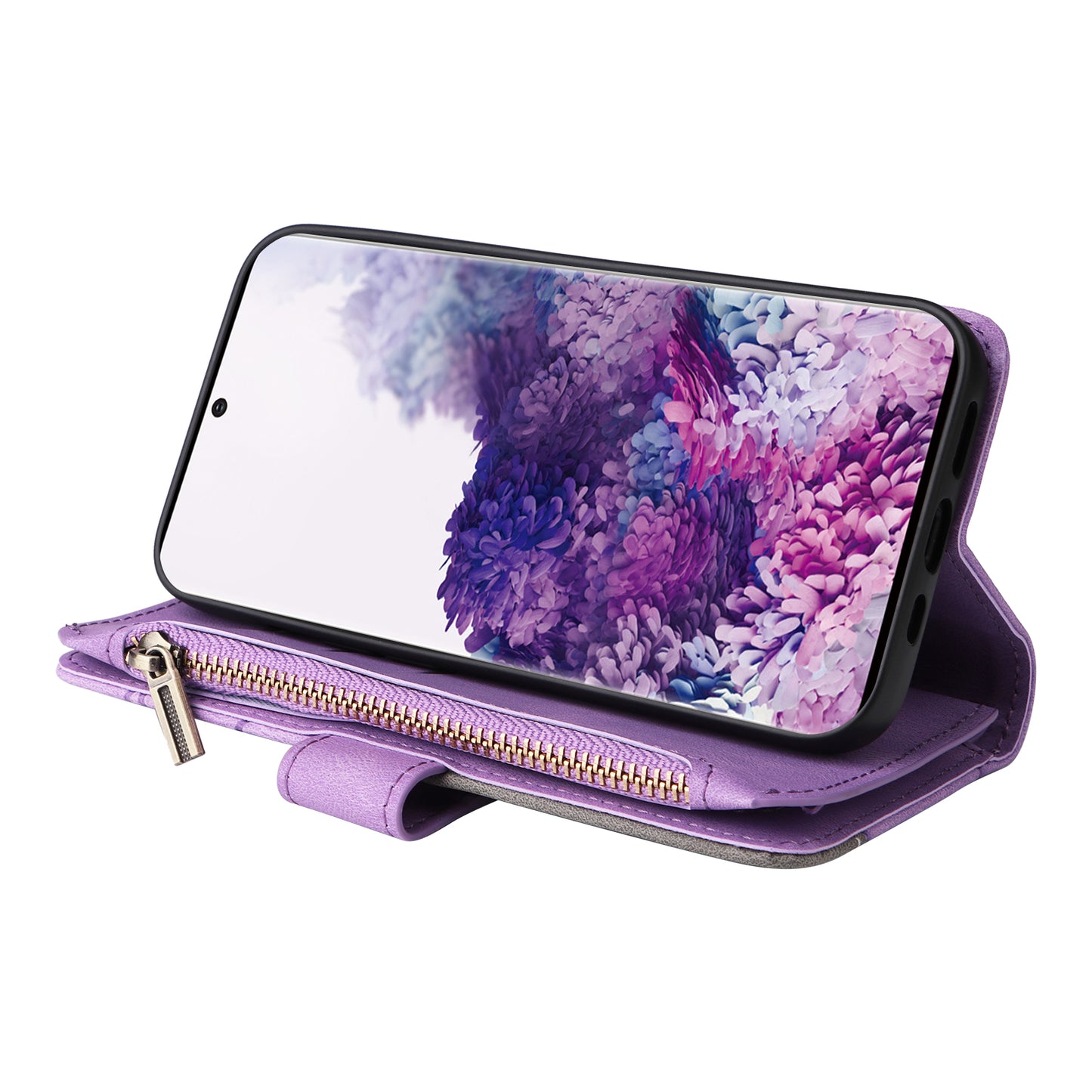 KT Multi-function Series-5 For Samsung Galaxy S20 4G/5G Wallet Phone Covering Imprinted Curved Line Pattern Bi-color PU Leather Coated TPU Phone Shell Case - Light Purple